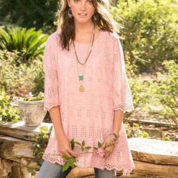 Sundance Top Small Embroidered Eyelet Tunic Pink/peach Bell Sleeves Cotton Boho - Picture 4 of 12